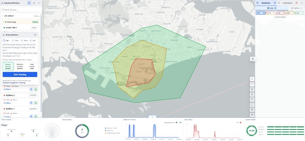 DroneSense.AI C2 System geo-fencing map with nested Normal, Medium, and High priority zones over an urban area