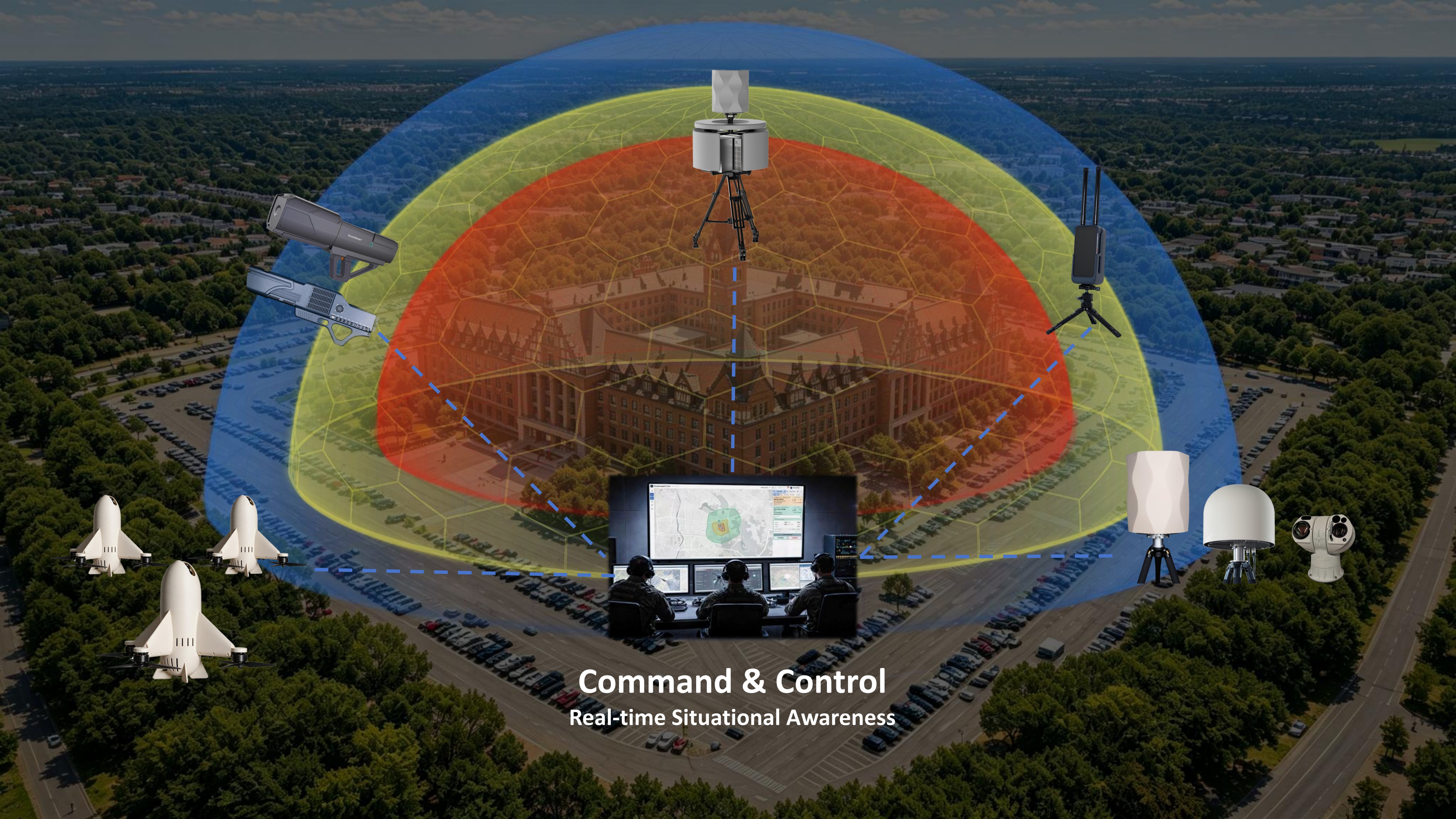 DroneSense.AI C2 System three-layer protection architecture diagram